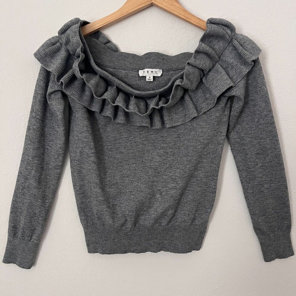 THML Off The Shoulder Long Sleeve Top Gray Ruffle Sweater S